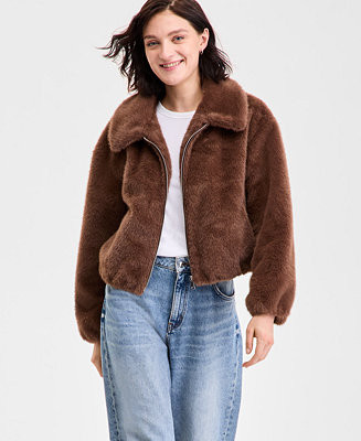 Women's Collared Faux-Fur Bomber Coat, P/XS-XL | Macy's