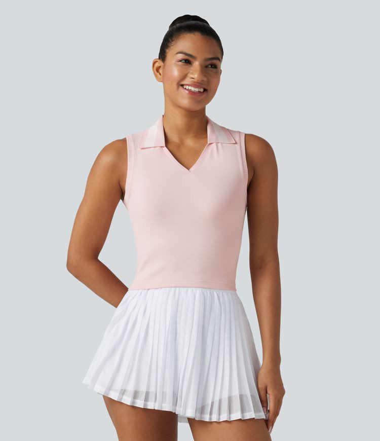 OneForm Seamless Flow Lapel Color Block Breathable Mesh Tennis Tank Top | HALARA