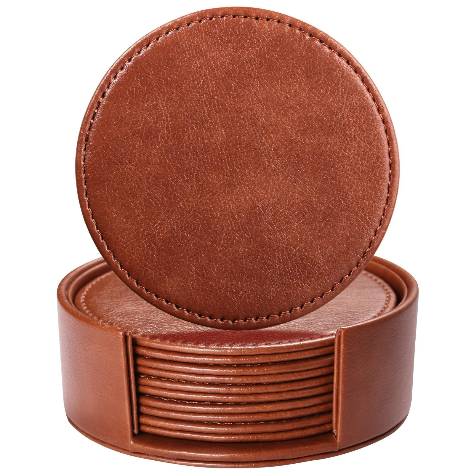 Drink Coasters with Holder, 4" Leather Coasters for Drinks Set of 6 for Tabletop Protection, Elegant Home Decor & Handmade Housewarming Gift - Brown | Amazon (US)