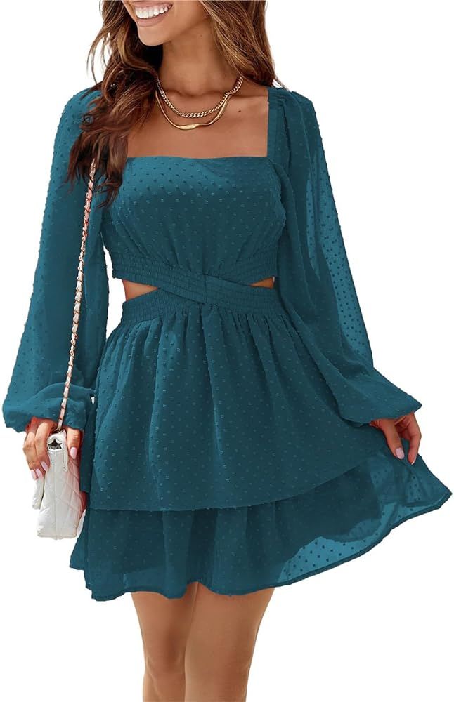 Shy Velvet Women's Long Sleeve Summer Dress Square Neck Crossover Waist Casual Party Mini Dress | Amazon (US)