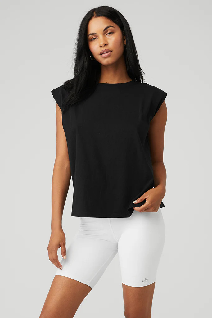Headliner Shoulder Pad Sleeveless Tee - Black | Alo Yoga (US)