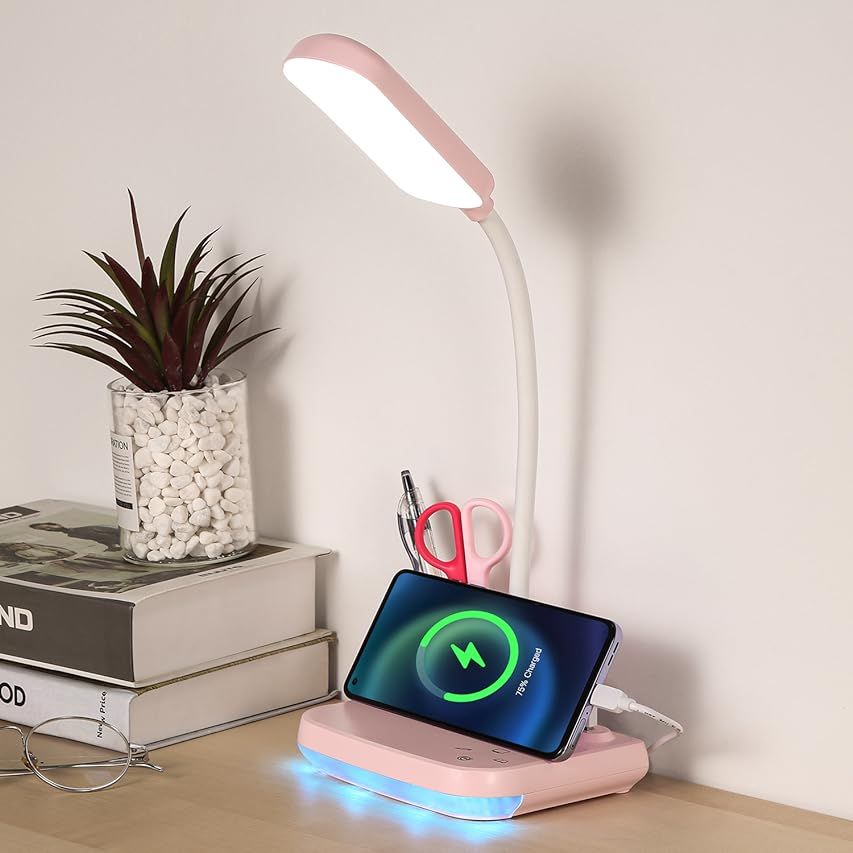 LED Desk Lamp with Wireless Charger, Sailstar White Desk Light with Pen Holder, 3 Color Modes with S | Amazon (US)