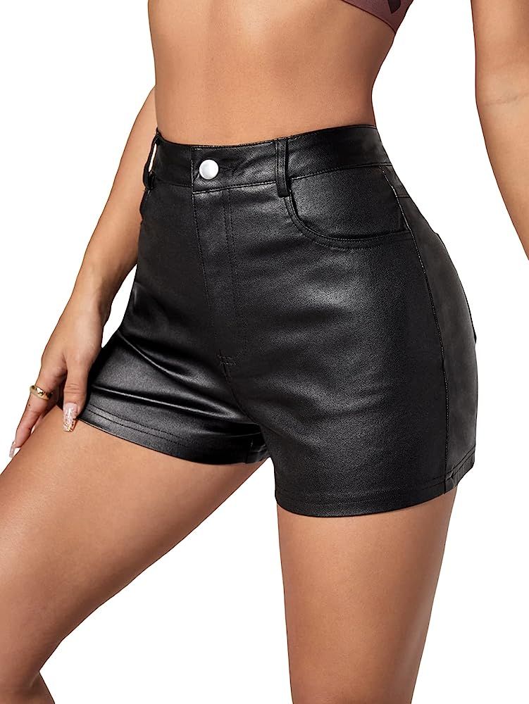 MakeMeChic Women's High Waisted Leather Look Stretchy Skinny Denim Shorts | Amazon (US)
