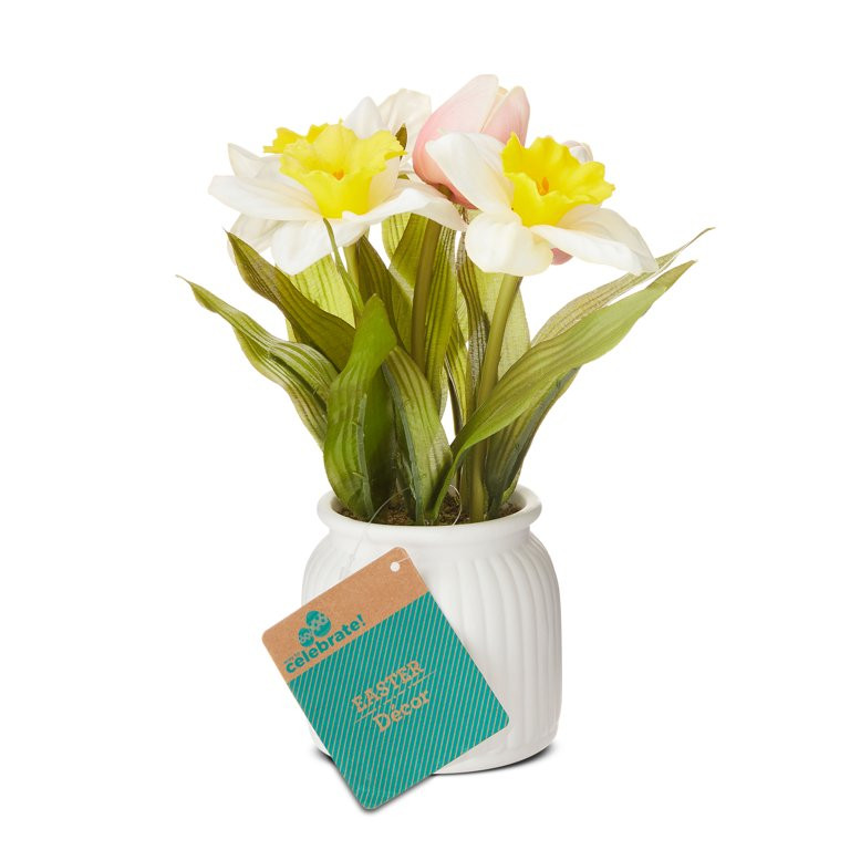 Easter Artificial Yellow Daffodils and Pink Tulips in White Pot, 9 in, by Way To Celebrate | Walmart (US)