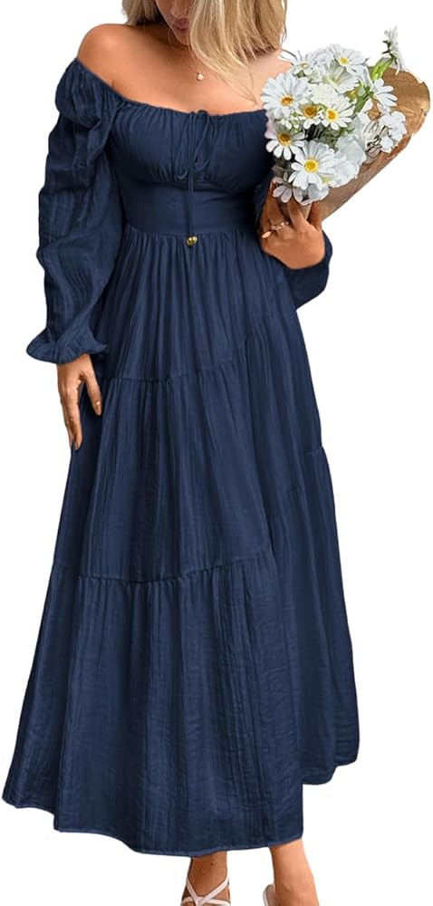 Tiered Maxi Dress, Off Shoulder Smocked Flowy, Boho Cottagecore, A Line Long Puff Sleeve Pastel F... | Amazon (US)