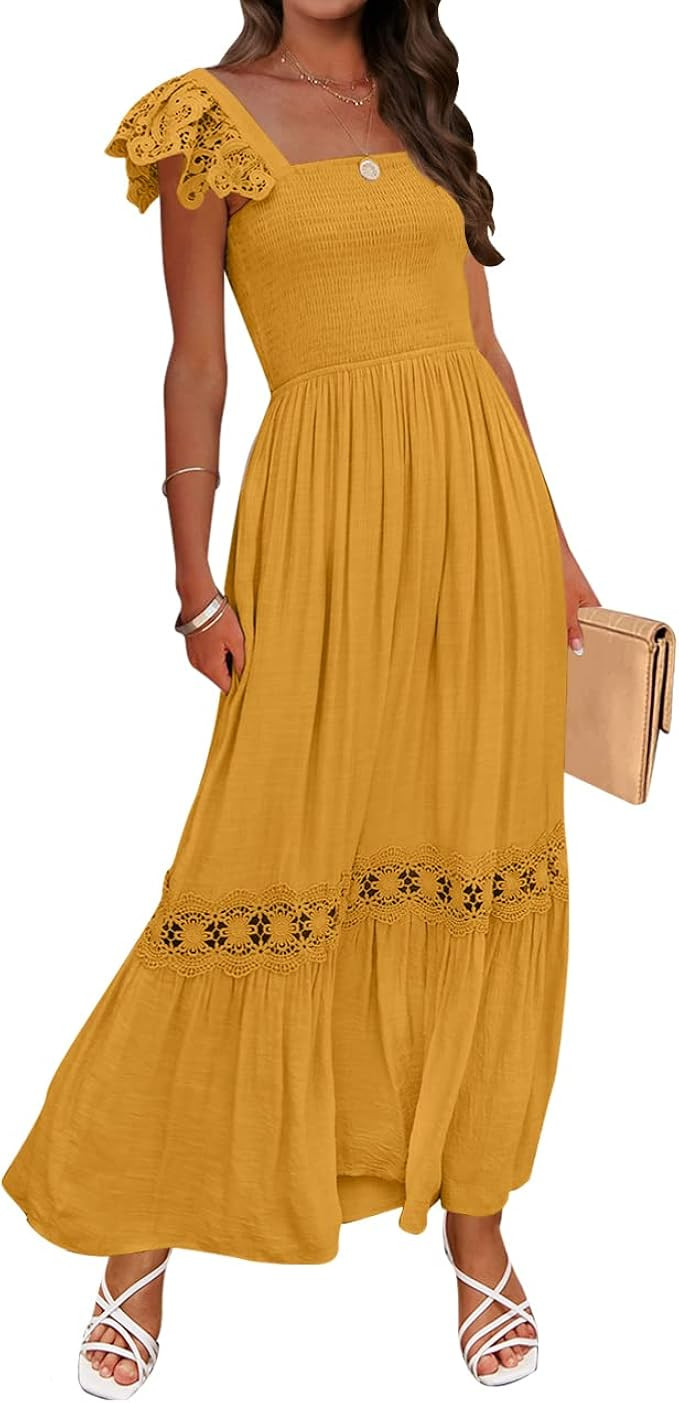 ZESICA Women's 2023 Summer Lace Strap Sleeveless Square Neck Smocked High Waist Ruffle Hollow Out... | Amazon (US)