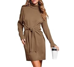 dowerme Women's Fall Sweaters 2023 Turtleneck Long Sleeve Ribbed Knit Oversized Pullover Tie Wais... | Amazon (US)