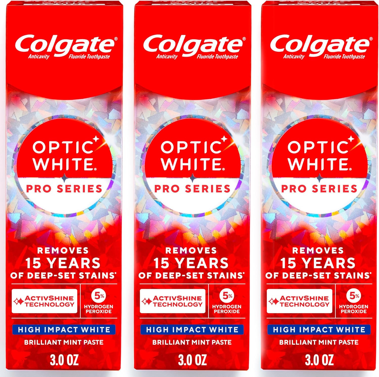Colgate Optic White Pro Series High Impact White, 3 Pack, Teeth Whitening Toothpaste with 5% Hydrogen Peroxide and ActivShine, Brilliant Mint Flavor, 3.0 OZ | Amazon (US)