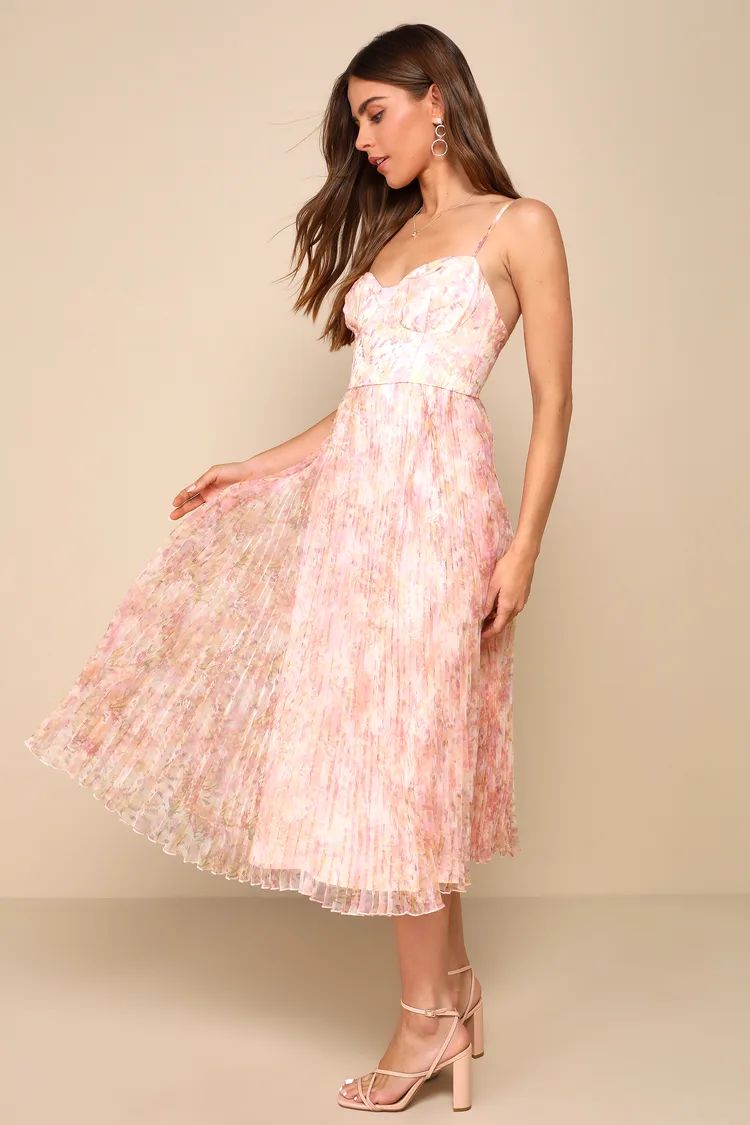 Finest Endeavor Blush Pink Floral Pleated Bustier Midi Dress | Lulus