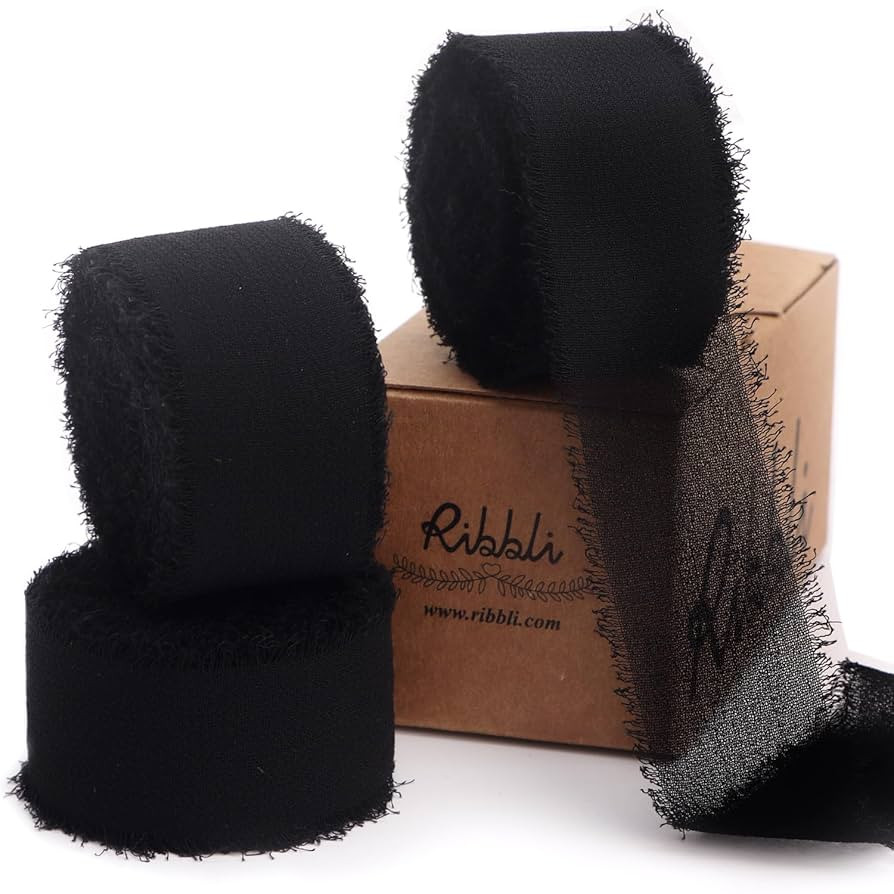 Ribbli Black Ribbon 1 Inch x 3 Rolls Total 24 Yards Handmade Fringe Chiffon Silk Ribbon for Wrapp... | Amazon (US)