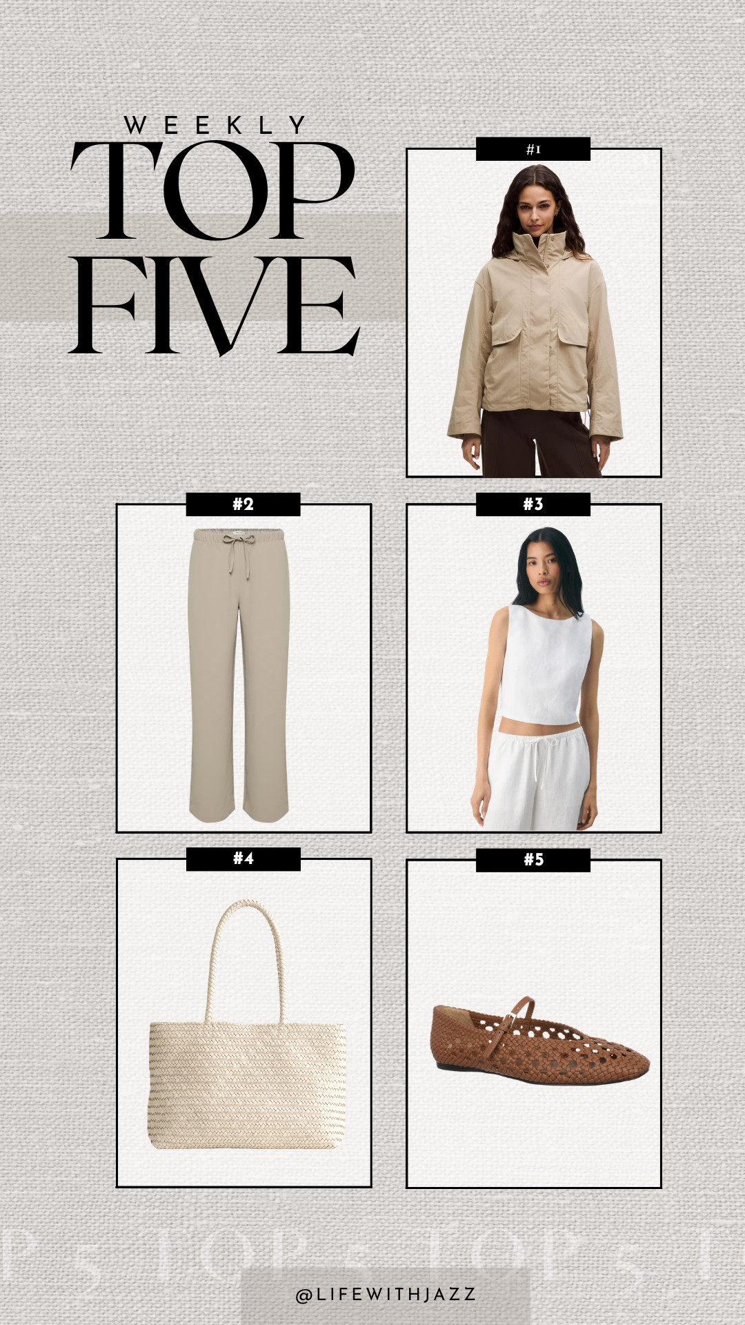 this week's top 5: 

1. lululemon always effortless jacket -- wind & water-resistant, now available in new colors 
2. aritiza lodge pants -- comes in different fabrics, styles, colors, and lengths 
3. aritzia cruise linen top -- slightly cropped style
4. madewell woven tote -- comes in a few colors 
5. nordstrom maren woven flat -- on sale under $100 

 #LTKxMadewell #LTKSeasonal #LTKSaleAlert