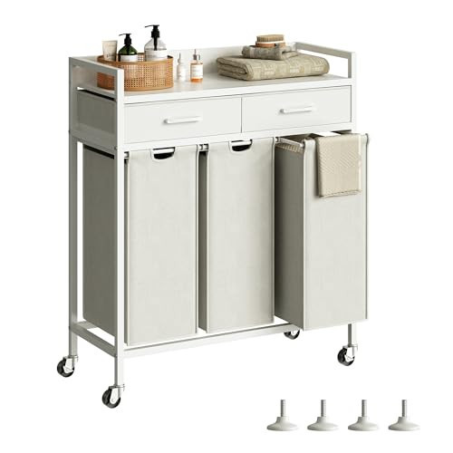 Herture Laundry Sorter 3 Section Laundry Hamper with Shelf, Durable 3 Section Laundry Basket with Rolling Wheels & Storage Drawers, 3 x 13.26 Gallons (50L), White PF09XLW | Amazon (US)