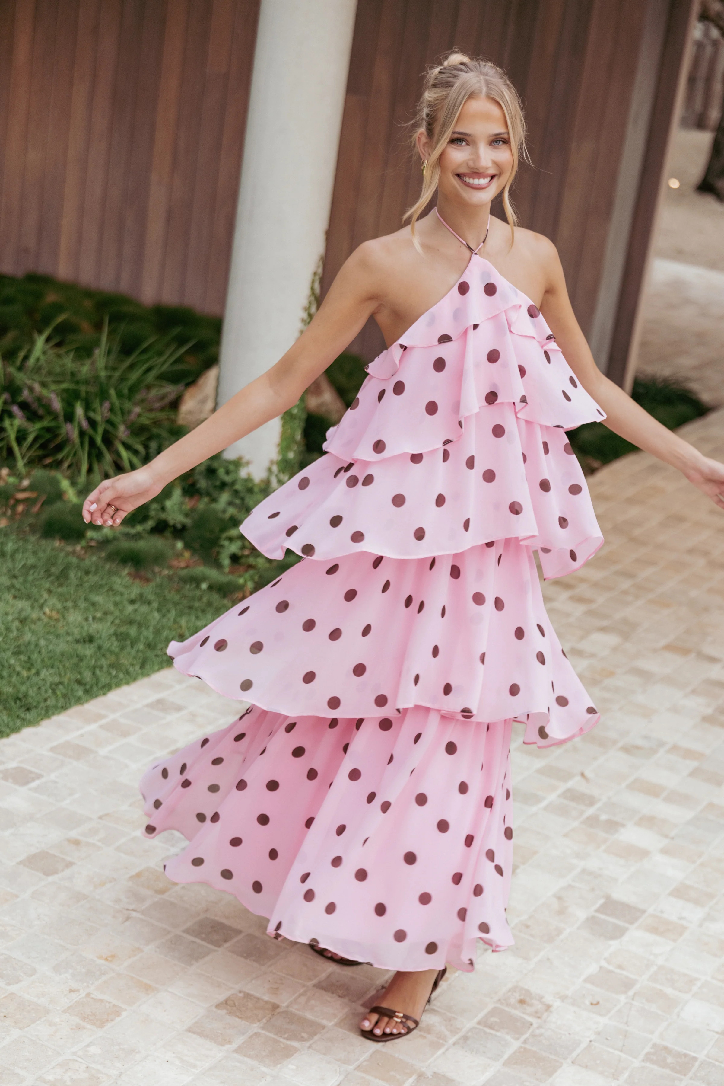 Chasity Halterneck Maxi Dress - Pink Polka Dot | Petal & Pup (US)