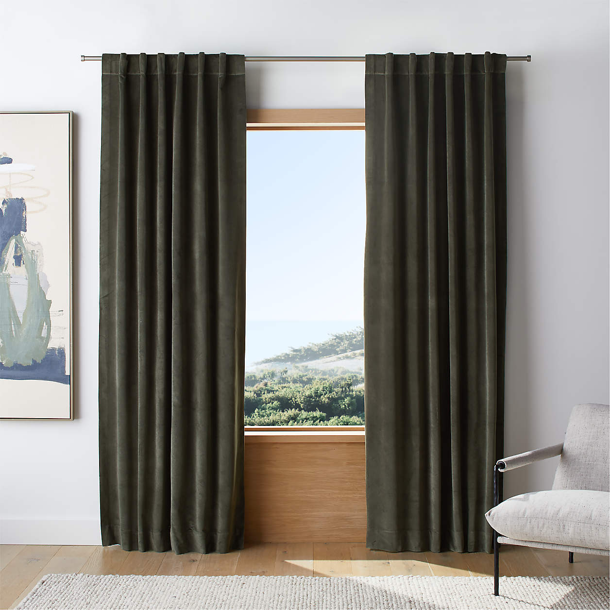 Ficus Green Cotton Velvet Window Curtain Panel 48"x96" + Reviews | Crate & Barrel | Crate & Barrel
