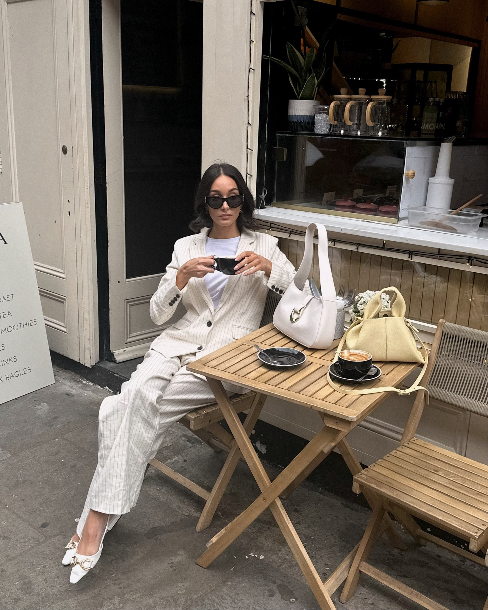 Pinstripe suit, cream blazer, white wide leg trousers, sling back heels, pumps, white tee, basics, white handbag, black sunglasses, YSL sunglasses, matching set, co-ord, summer outfit inspo, rails, Karen millen, Katie loxton 

#LTKfit #LTKeurope #LTKSeasonal