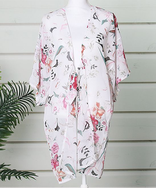 Funky Monkey Women's Kimono Cardigans White, - White & Pink Floral Kimono - Women's Short | Zulily