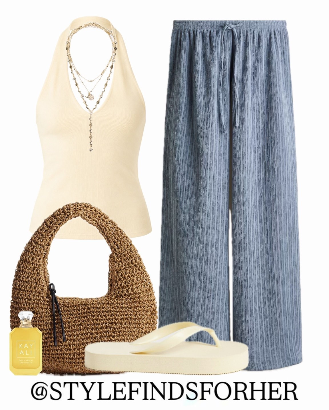 These new striped blue trousers are perfect for holidays and travelling. Lightweight and comfortable. Teamed with buttermilk for coastal vibes 🐚 

Platform flip flops | Halter neck top | Vacation outfit | Straw bag

#LTKTravel #LTKMidsize #LTKootd