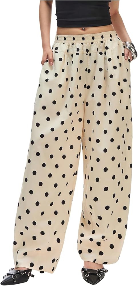 MakeMeChic Women's Polka Dots Wide Leg Pants Summer High Waisted Baggy Barrel Pants | Amazon (US)