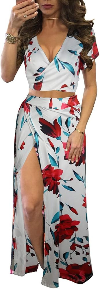 Aro Lora Women's Sexy V Neck Floral Printed Side Slit Two-Piece Maxi Dress | Amazon (US)
