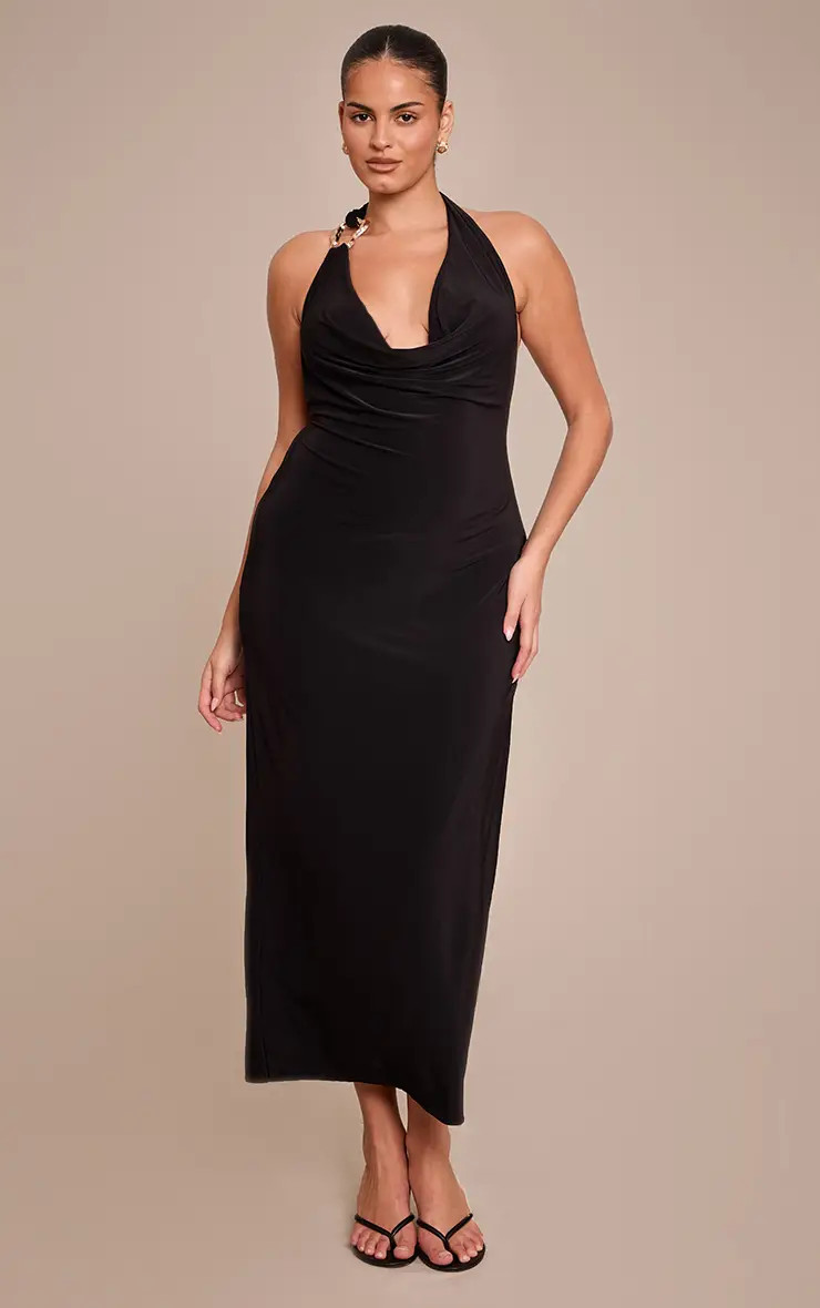 Black PrettyLittleThing Slinky Halterneck Buckle Detail Maxi Dress | Boohoo | Boohoo.com (UK & IE)