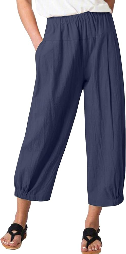 Amazon.com: Bozanly Summer Capri Pants for Women Casual Elastic Waist Cotton Linen Comfy Yoga Cro... | Amazon (US)