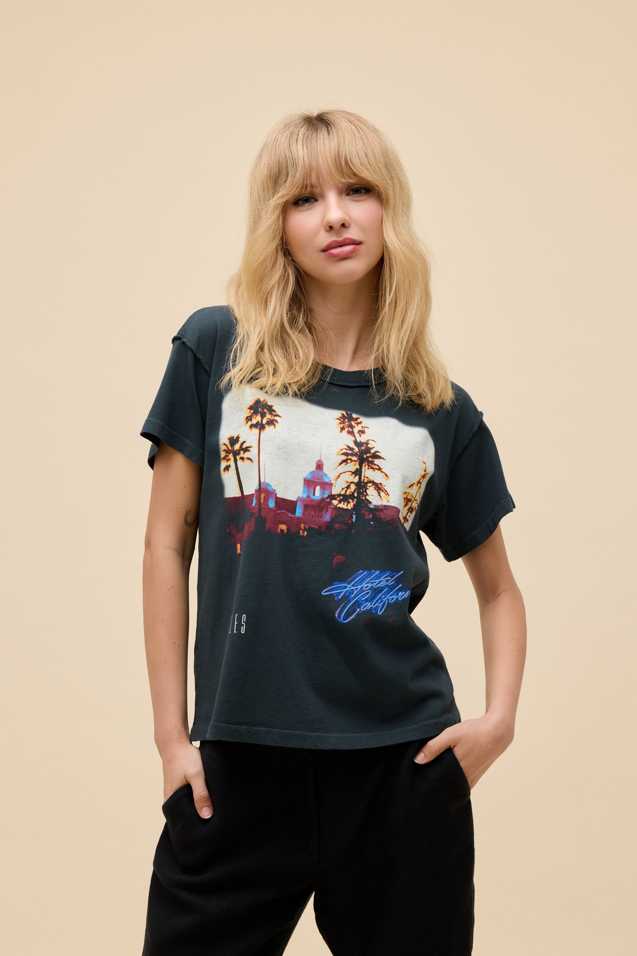 Eagles Hotel California Reverse GF Tee in Black | 100% Cotton T-Shirt in Vintage Black | Daydreamer