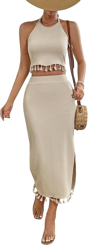 SHENHE Women's 2 Piece Tassel Trim Backless Halter Crop Top and Slit Midi Skirt Boho Set | Amazon (US)