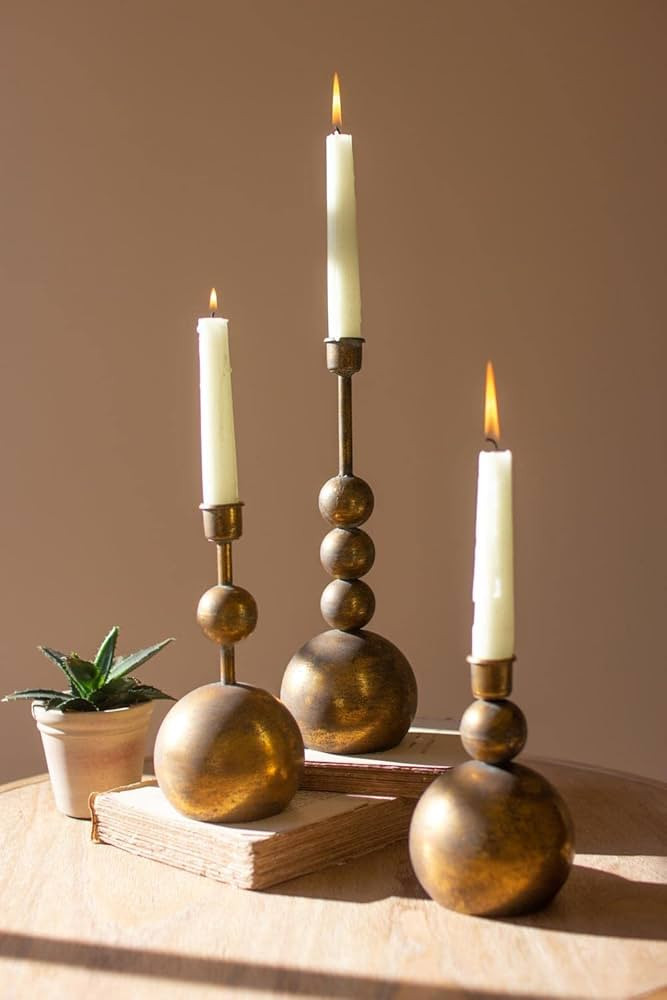 Kalalou CLL2695 Antique Brass Taper Candle Holders, 11.5-inch Height, Set of 3 | Amazon (US)