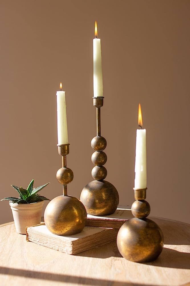 Kalalou CLL2695 Antique Brass Taper Candle Holders, 11.5-inch Height, Set of 3 | Amazon (US)