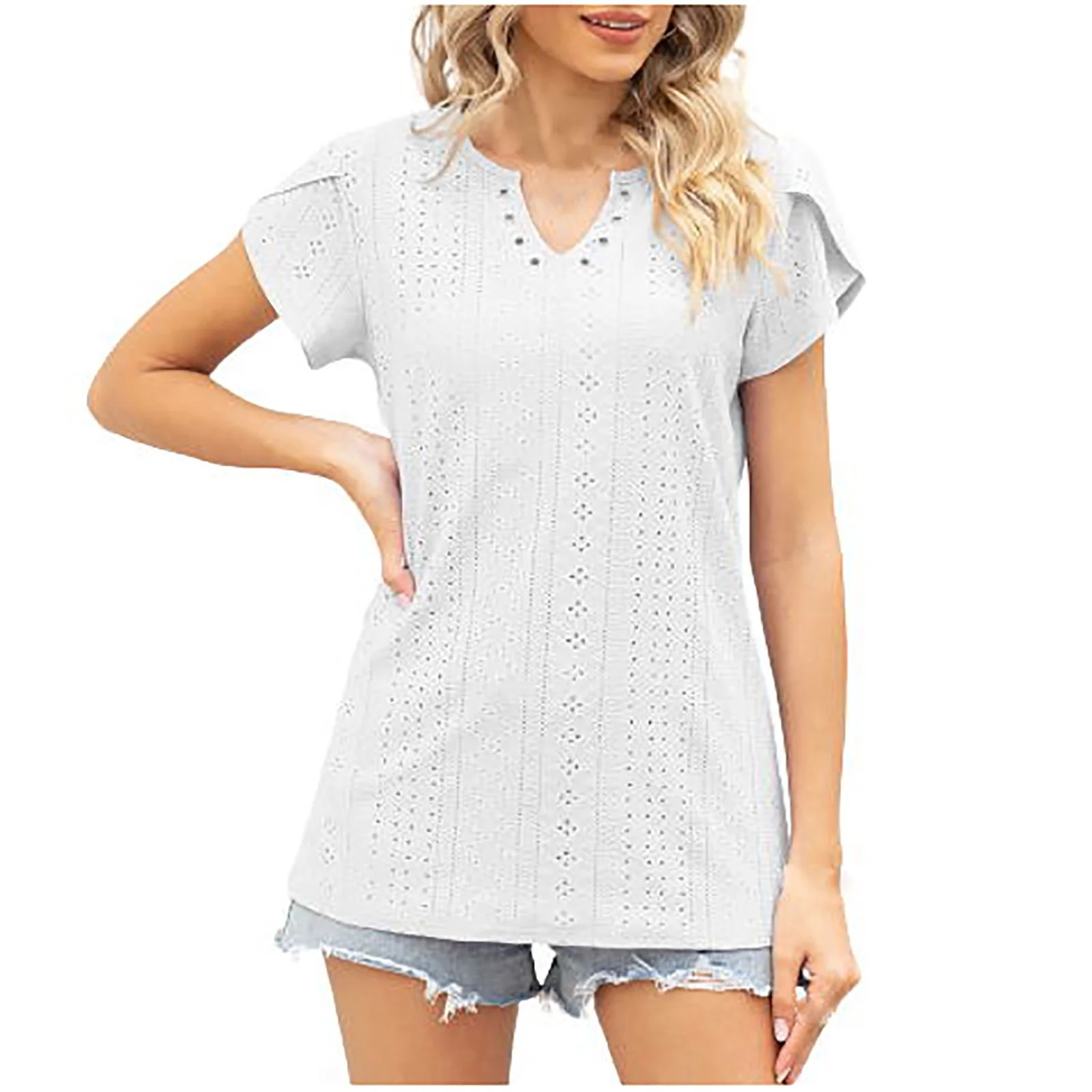 Mittory Womens Summer Tops Ruffle Short Sleeve T Shirts Trendy V Neck Tunics Casual Loose Eyelet ... | Walmart (US)