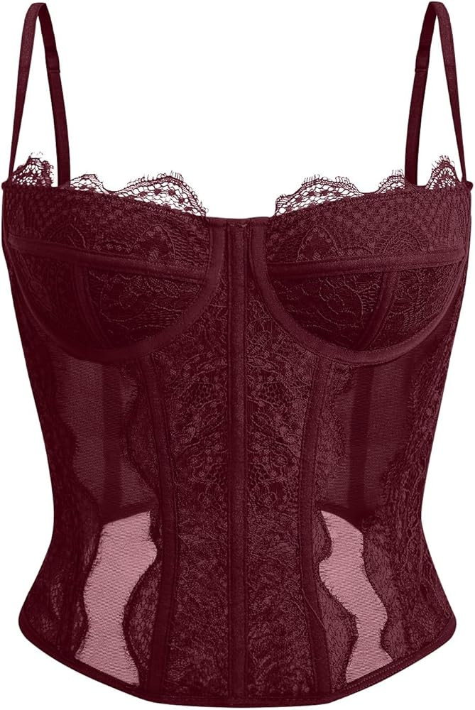 Dealmore Corset Tops For Women Going Out Lace Mesh Date Night Top Spaghetti Strap Party Club Top | Amazon (US)