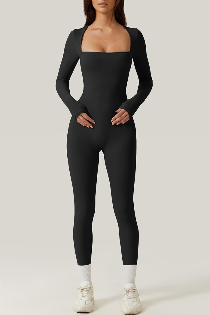 QINSEN Womens Sexy Square Neck Long Sleeve Full Length Leggings Bodycon Stretch Jumpsuit | Amazon (US)