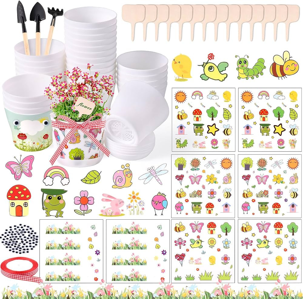 30 Pack Garden Plastic Pot Craft Kit DIY Flower Plant Crafts Nursery Pots with Stickers Flower Pl... | Amazon (US)