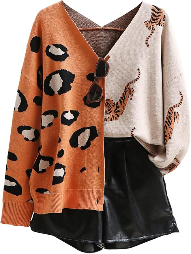 WDIRARA Women's Leopard Tiger Print Cardigan V Neck Long Sleeve Color Block Button Down Sweater O... | Amazon (US)
