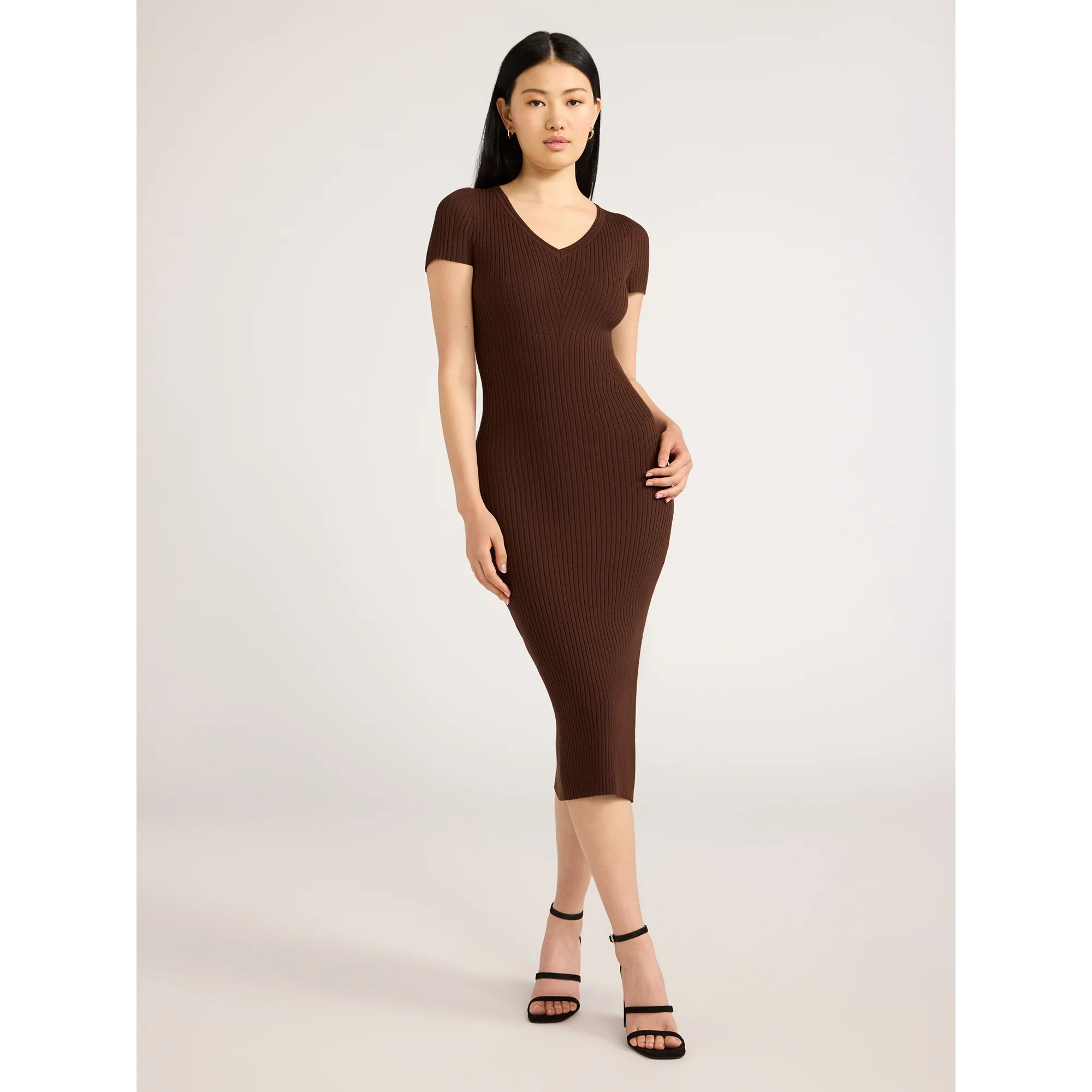 Scoop Women's V-Neck Bodycon Ribbed Sweater Dress, Midweight, Sizes XS-XXL | Walmart (US)