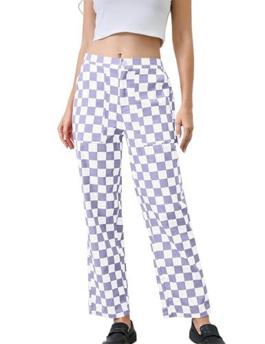 HOCANDY Womens Checkered Pants Zip Off Plaid Gingham Pants Casual Elastic High Waist Straight Leg Jeans with Pockets Purple White | Amazon (US)