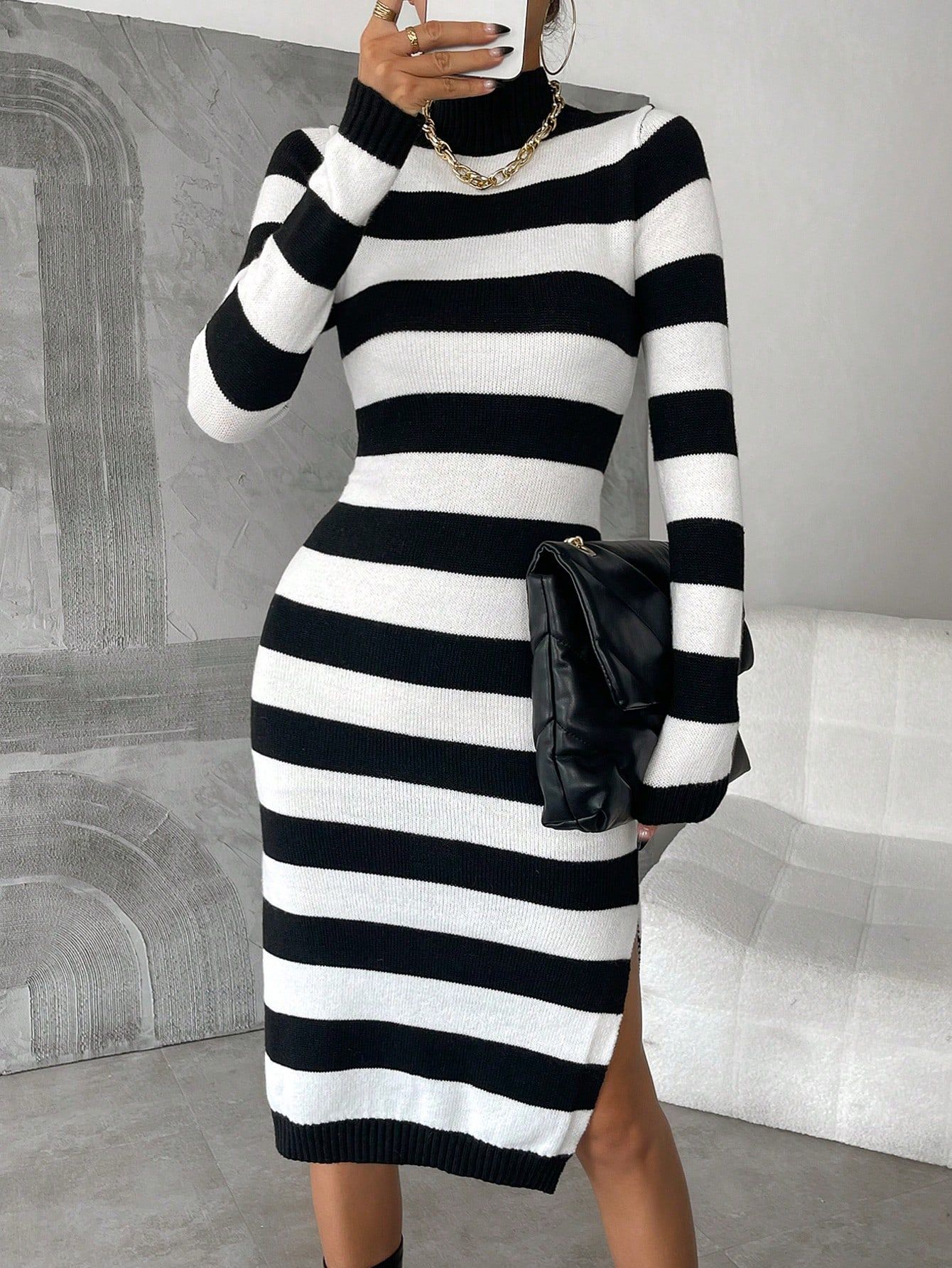 SHEIN Privé Striped Pattern Split Thigh Sweater Dress | SHEIN