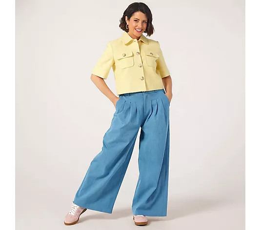 Helene Berman X Katy Pleated Denim Wide Leg Trousers with Stretch Waist - QVC UK | QVC UK