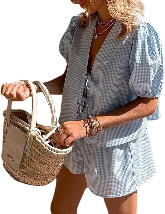 Argeousgor Women Y2k 2 Piece Pajamas Set Puff Sleeve Peplum Tie Front Top and Shorts Plaid Two Pi... | Amazon (US)