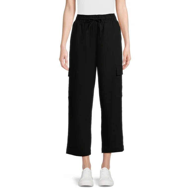 Time and Tru Women's High Rise Pull on with Drawstring Straight Leg Cargo Linen Pants, 27" Inseam... | Walmart (US)