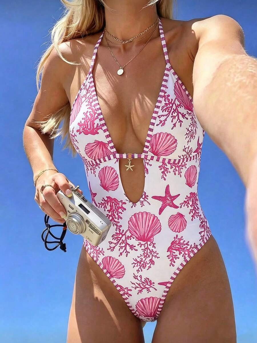 SHEIN Swim Women's Summer Casual Beach Holiday Pool Party Vacation Starfish Shell Blue & White Stripe Print Triangle Halter Metal Pendant One-Piece Swimsuit | SHEIN