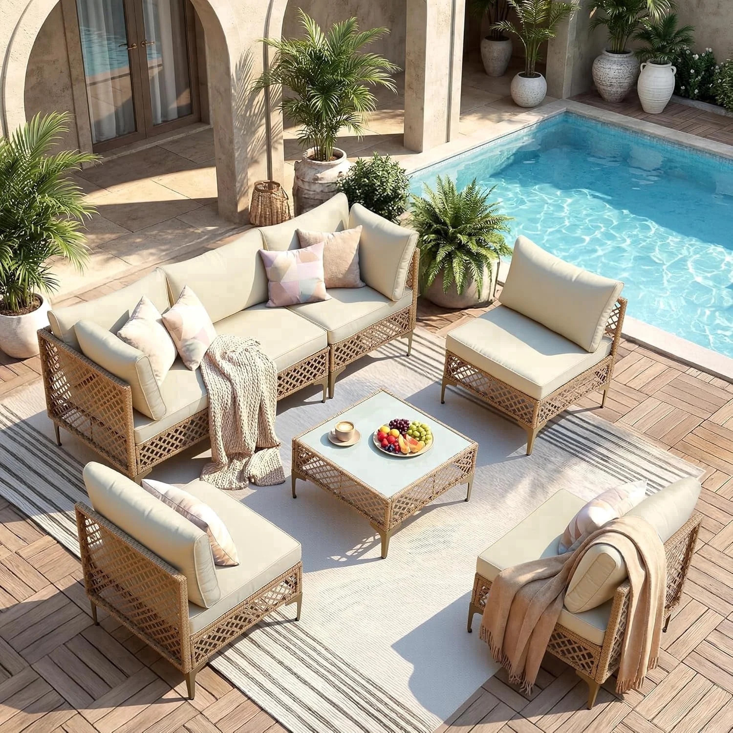 Ainfox 7-Piece Wicker Patio Furniture Set, 1000h UV-Resistant Rattan Sectional with 3.35" Thick C... | Walmart (US)