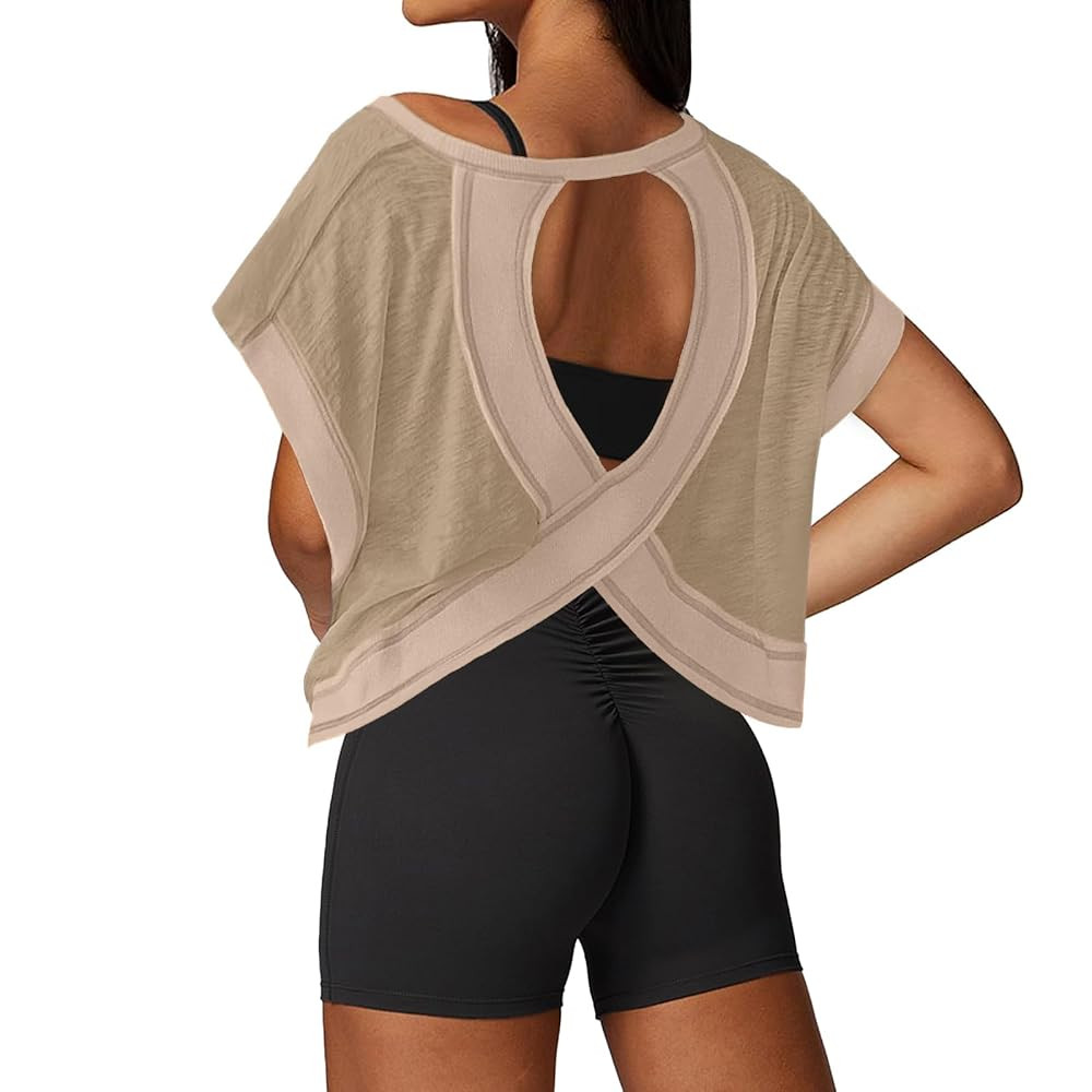 Open Back Workout Tops for Women Loose Fit Athletic Crop Tee Short Sleeve Gym Running Yoga Shirt | Amazon (US)