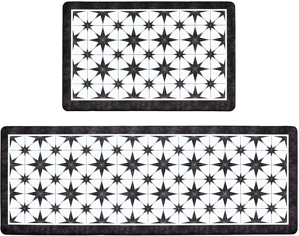 Black Kitchen Rugs Set of 2, Anti Fatigue Mats for Kitchen Floor, Waterproof Cushioned Rug, Non S... | Amazon (US)