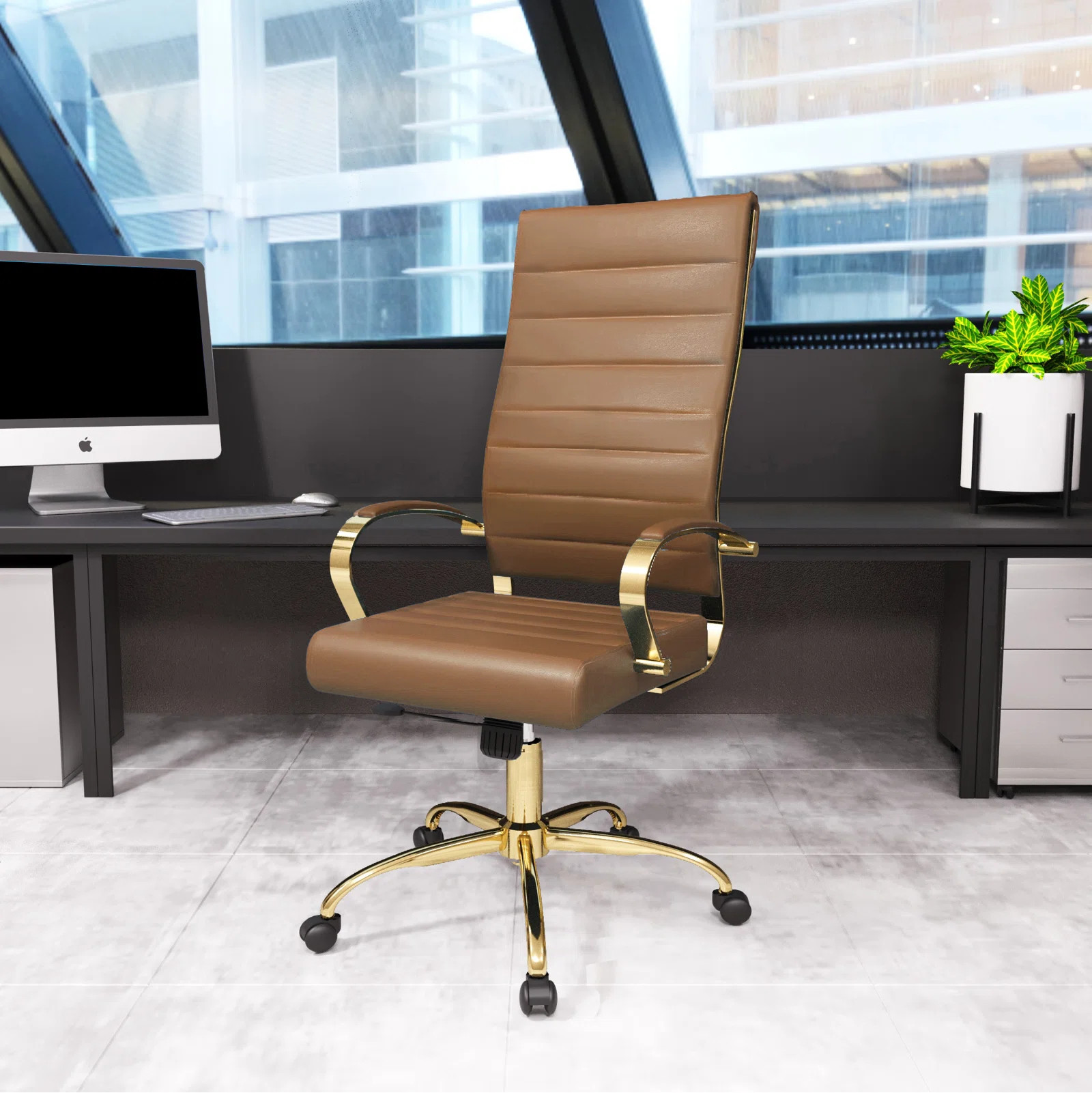 Humairaa Benmar Leather Office Chair in Gold Base | Wayfair North America