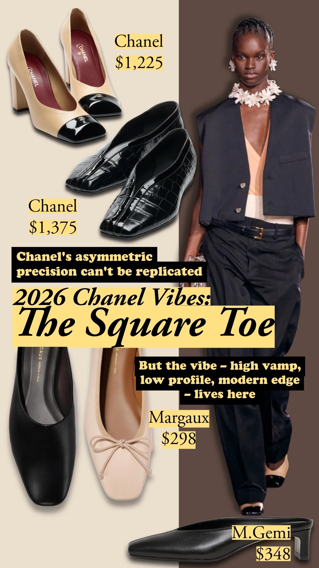 Chanel's asymmetric square toe is a flagship shape for the Blazy era – expect iterations for years. Margaux and Everlane deliver the high vamp and low profile with smooth execution, though without Chanel's precise angular slant.
 
square toe flats, square toe pumps, high vamp flats, low profile shoes, modern flats, leather flats


#LTKootd