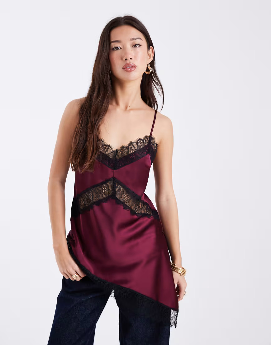 ASOS DESIGN satin asymmetric lace cami in plum-Purple | ASOS (Global)