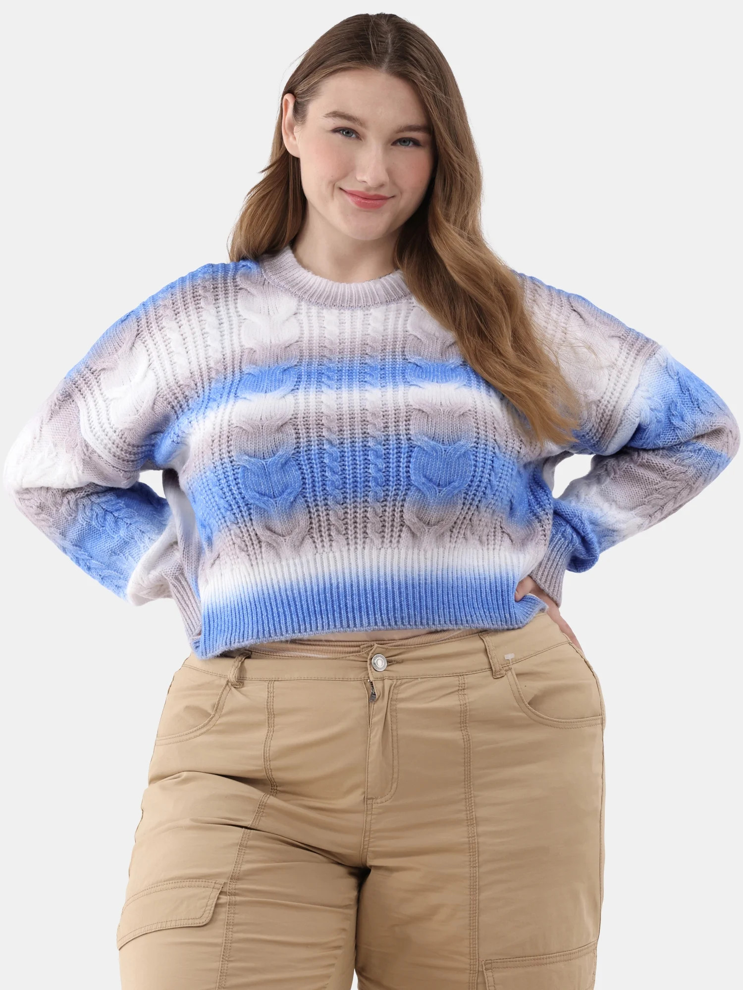 No Boundaries Ombre Mixed Cable Knit Sweater, Midweight, Women's and Women's Plus | Walmart (US)