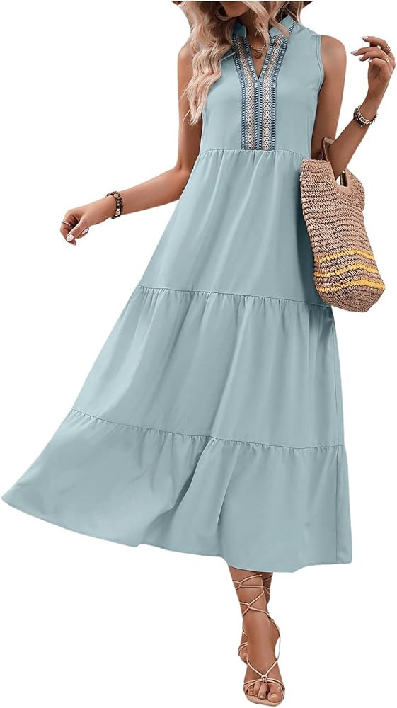 MakeMeChic Women's Sleeveless Summer V Neck A Line Dress Notched Neck Tape Tiered High Waist Boho... | Amazon (US)