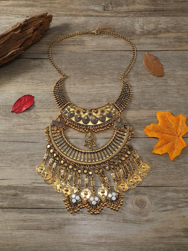 1pc Metallic Vintage Multi-layered Tassel Statement Necklace, Suitable For Women's Daily Wear And... | SHEIN